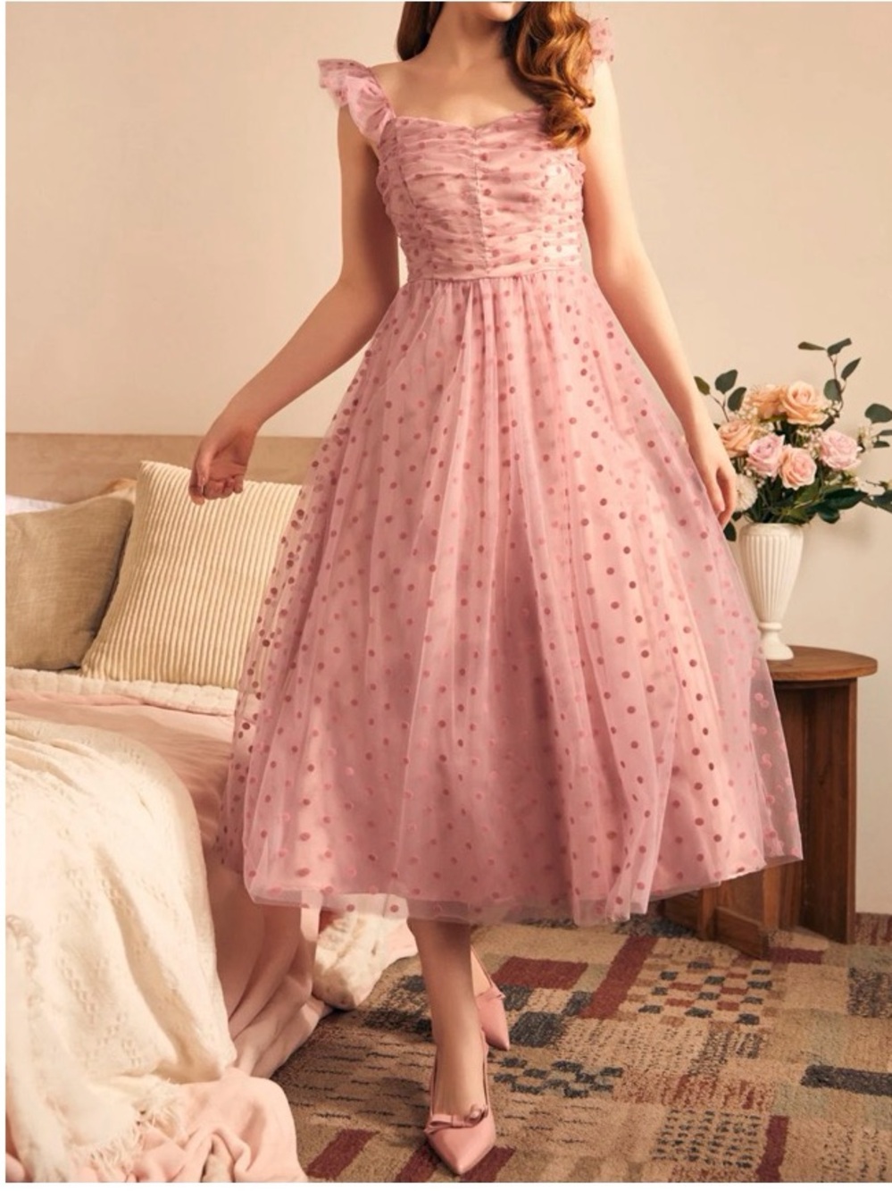 ModCloth Pink Polka Dot Ruffle Strap Midi Dress and pink cardigan sweater
